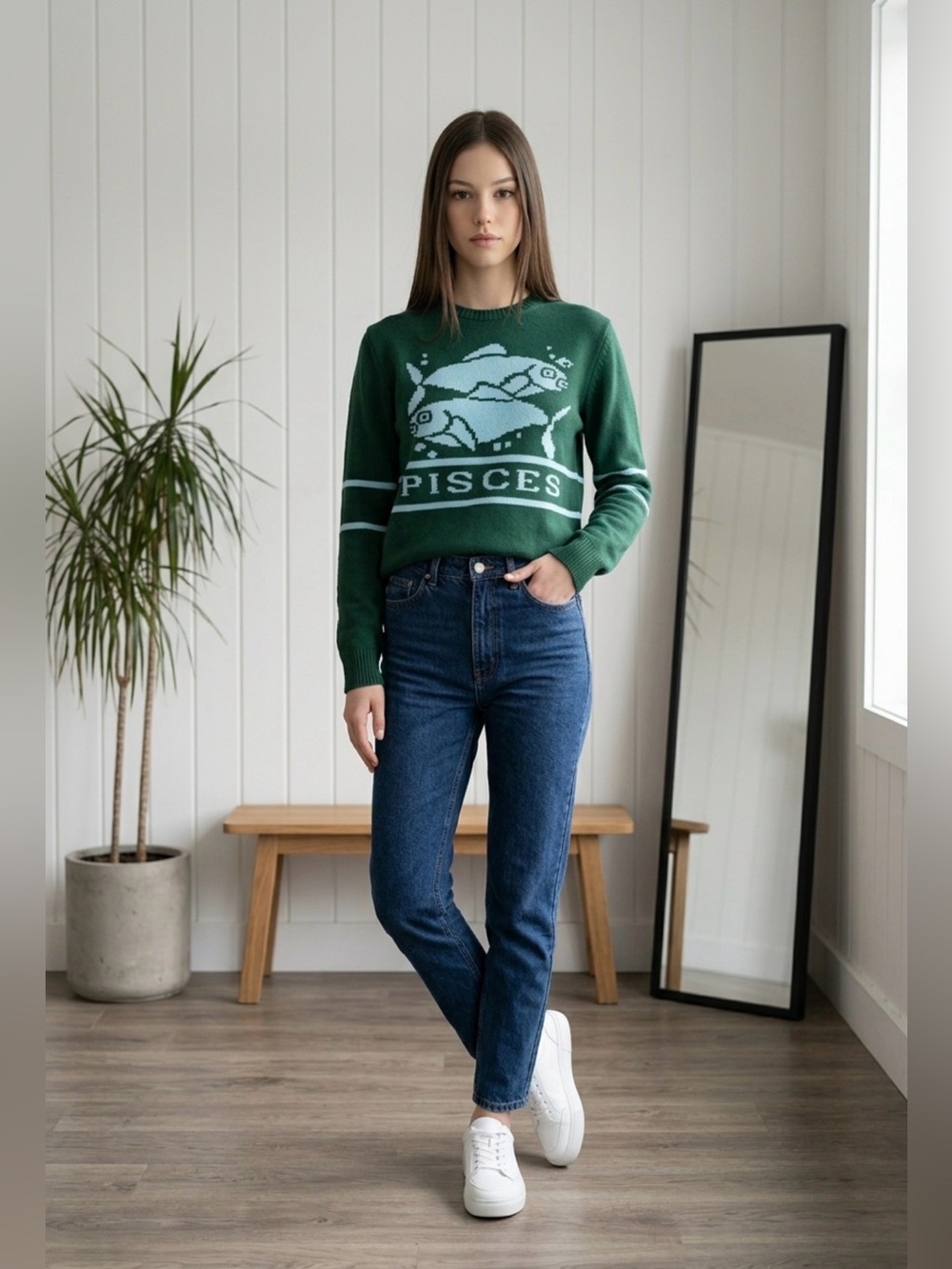Gyles & George Pisces Graphic Crewneck Sweater in Forest Green